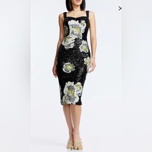 NWOT Dress the Population Nicole Sequin Floral Sheath Dress, Small
